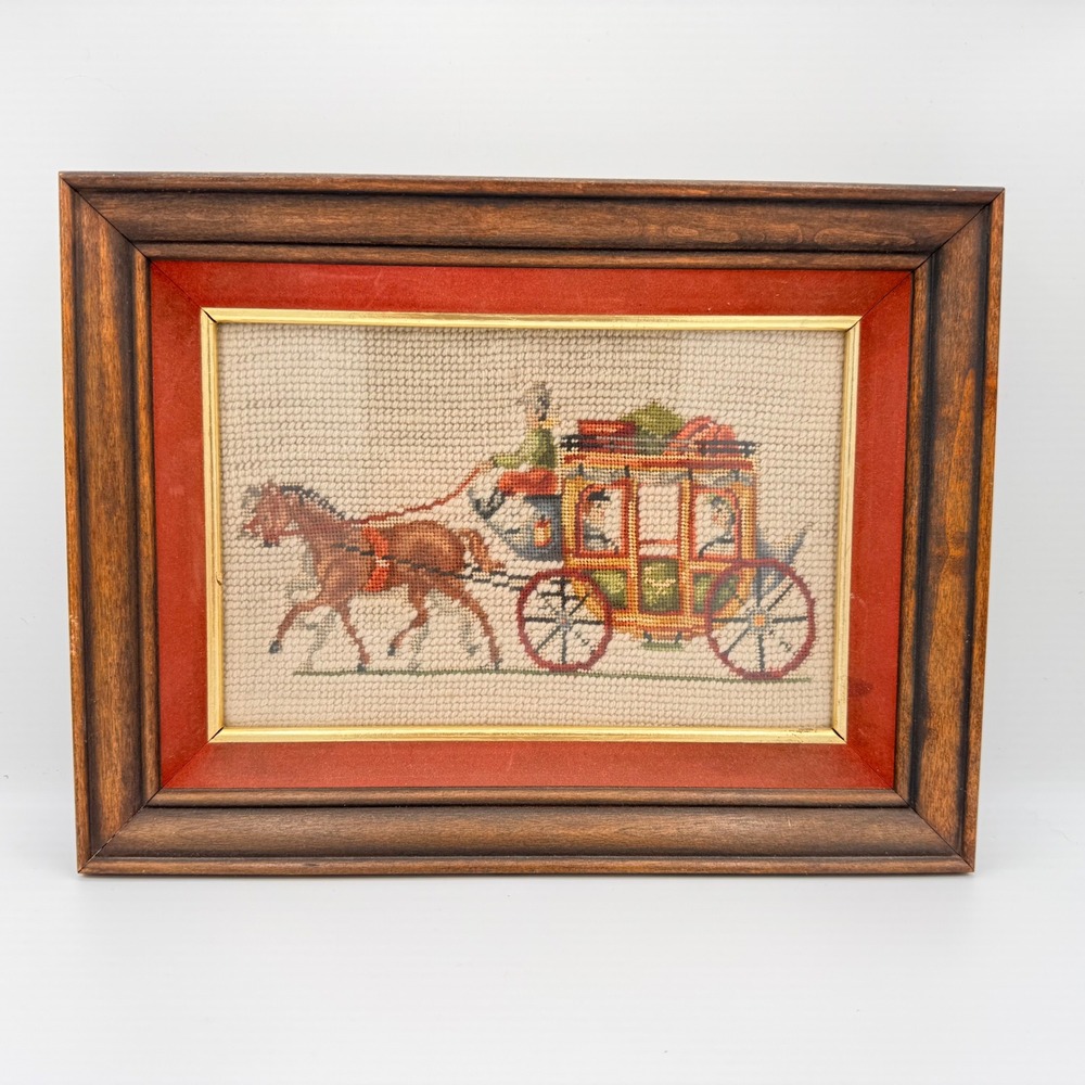 Vintage Framed Needlepoint Horse Drawn Stagecoach Equestrian Textile Wall Art